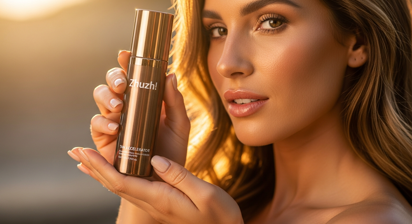 Zhuzh Tan Accelerator spray bottle with golden glow effect on skin