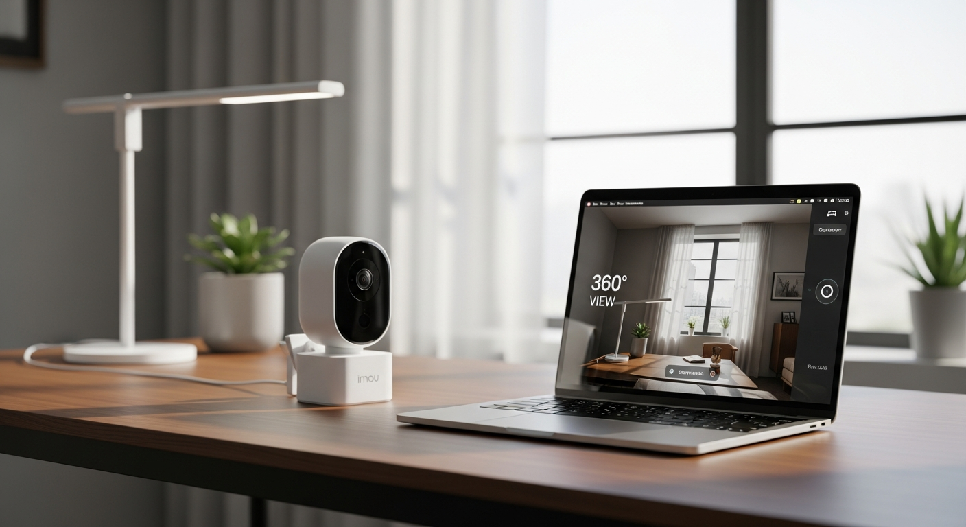 Imou Ranger 2C indoor security camera mounted on white wall with 360-degree pan-tilt-zoom capability