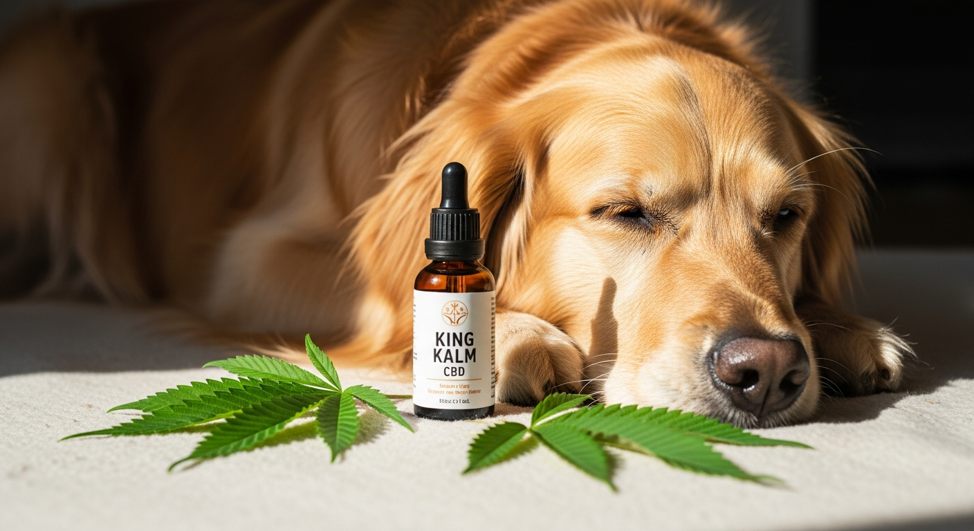 King Kalm CBD Oil bottle with dropper for pets showing multi-compound formulation