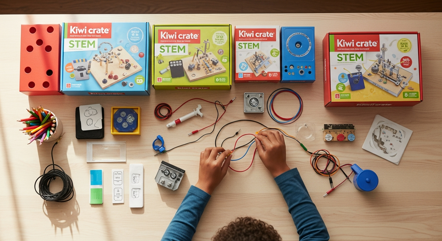Colorful STEM and art project materials organized in a monthly subscription box