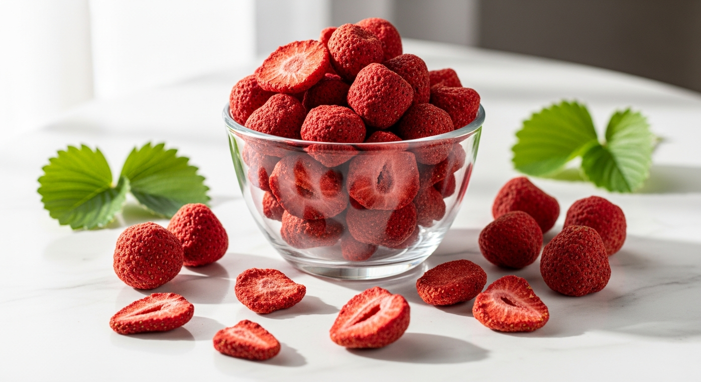 KoRo Freeze-Dried Strawberry Slices 350g package displayed with vibrant pink strawberry pieces