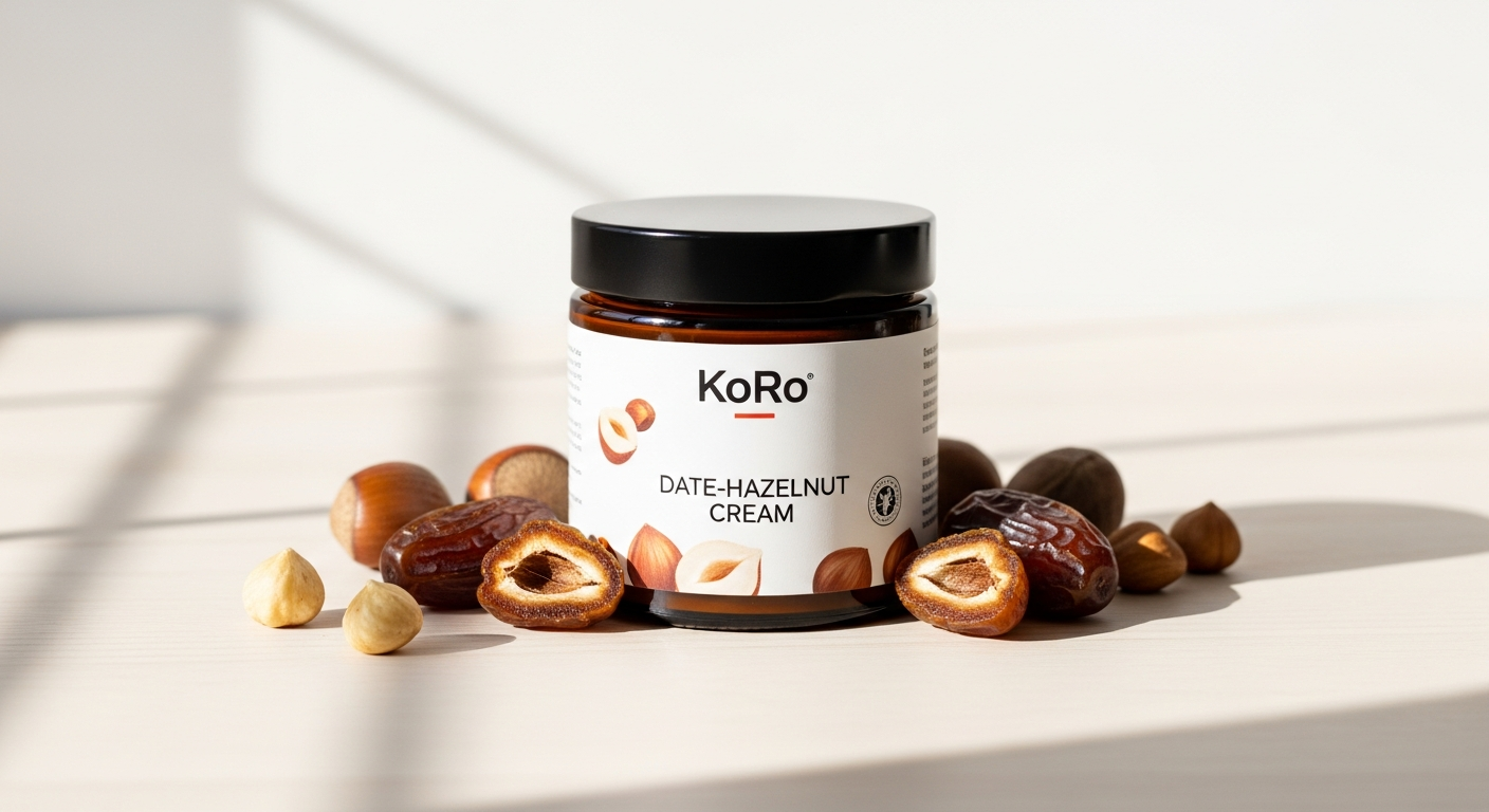 KoRo Organic Date-Hazelnut Cream Spread jar with fresh hazelnuts and dates