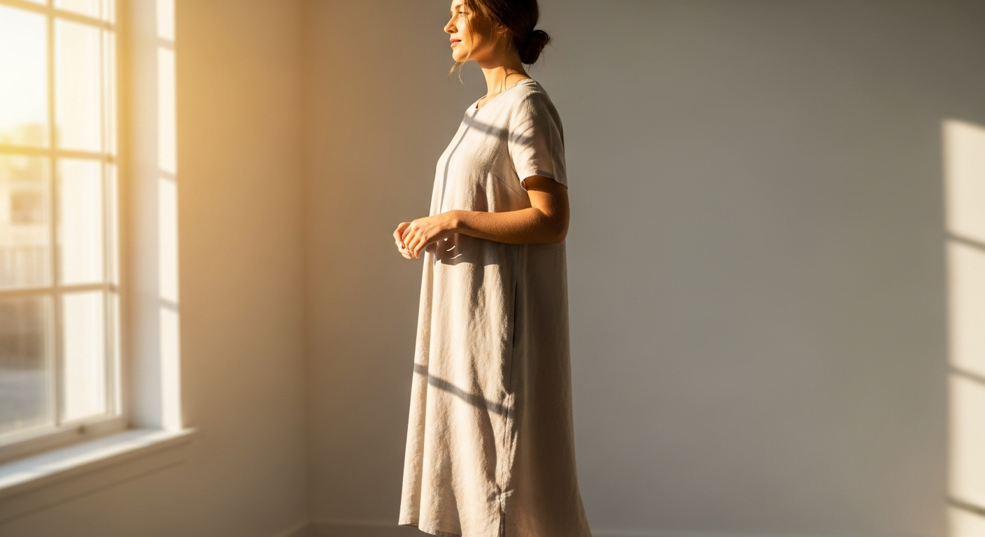 LINTICO Valencia Linen A-Line Midi Dress styled for summer with sandals and accessories