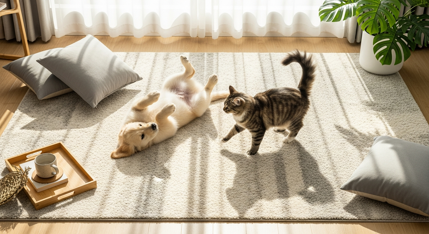 Lahome washable soft area rug in living room with pets playing safely