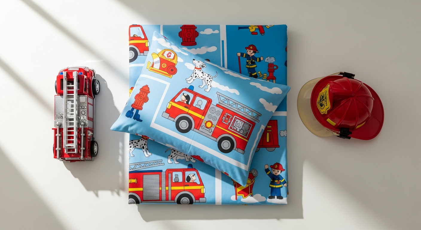 Colorful hand-painted fire brigade themed children's bed linen with firefighter and fire engine designs