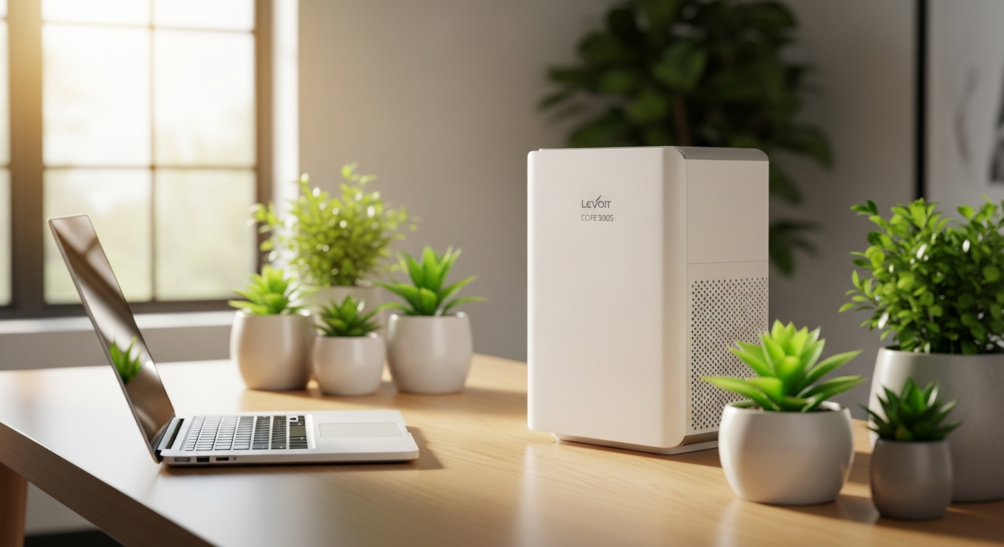 Levoit Core 300S Smart Air Purifier displayed on white background showing cylindrical design