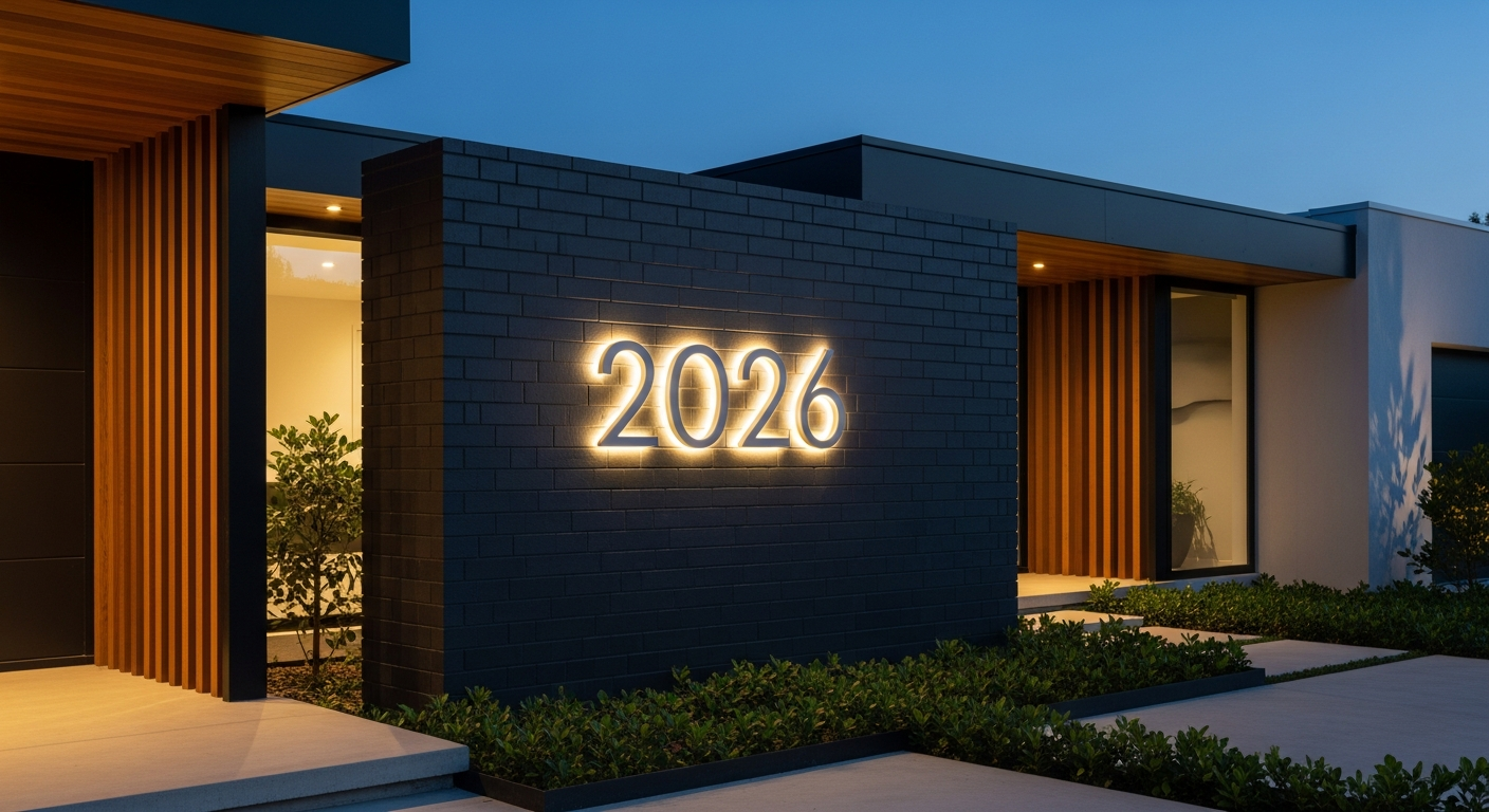 Modern LED backlit house address numbers illuminated at night on home exterior