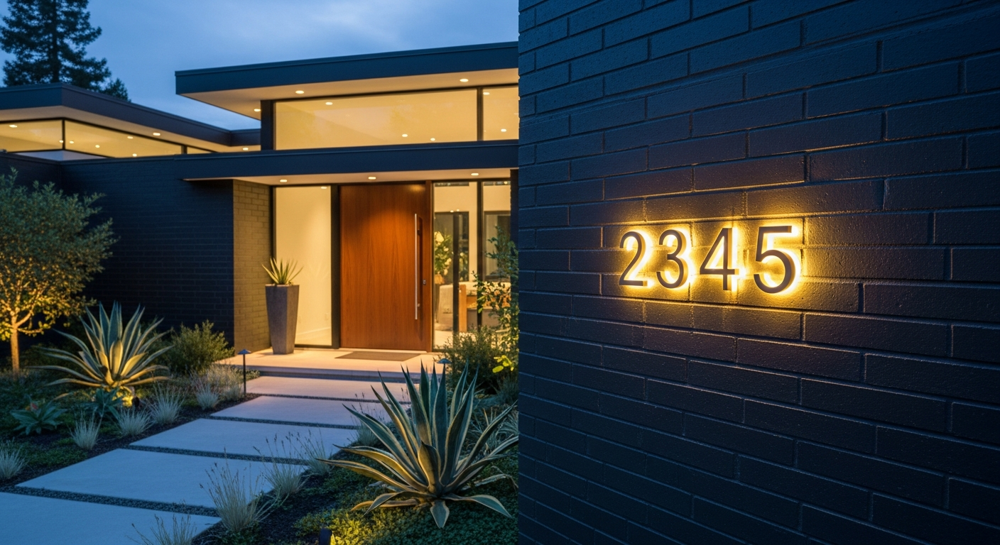 Modern backlit LED house numbers illuminating a home exterior at night