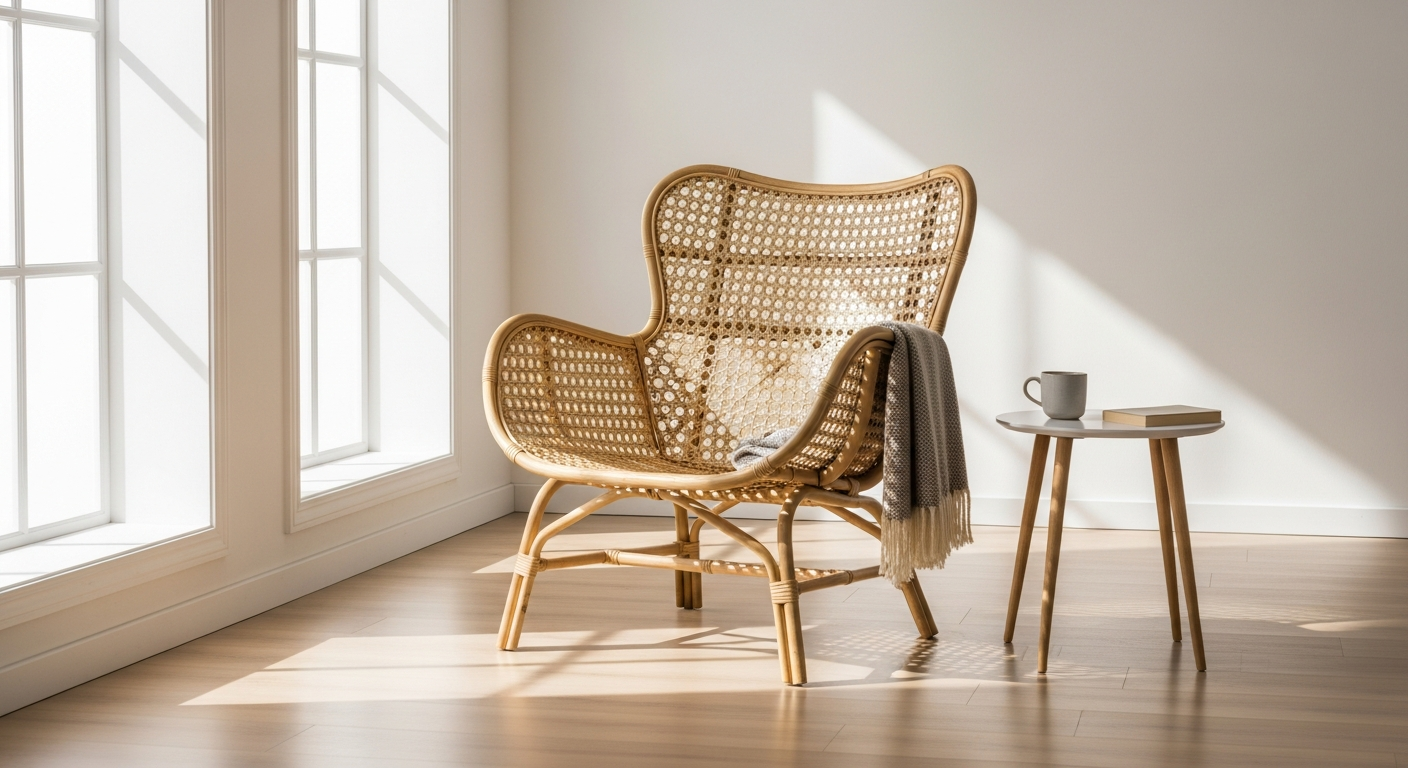 Hand-braided rattan armchair with removable cushion in warm golden tones