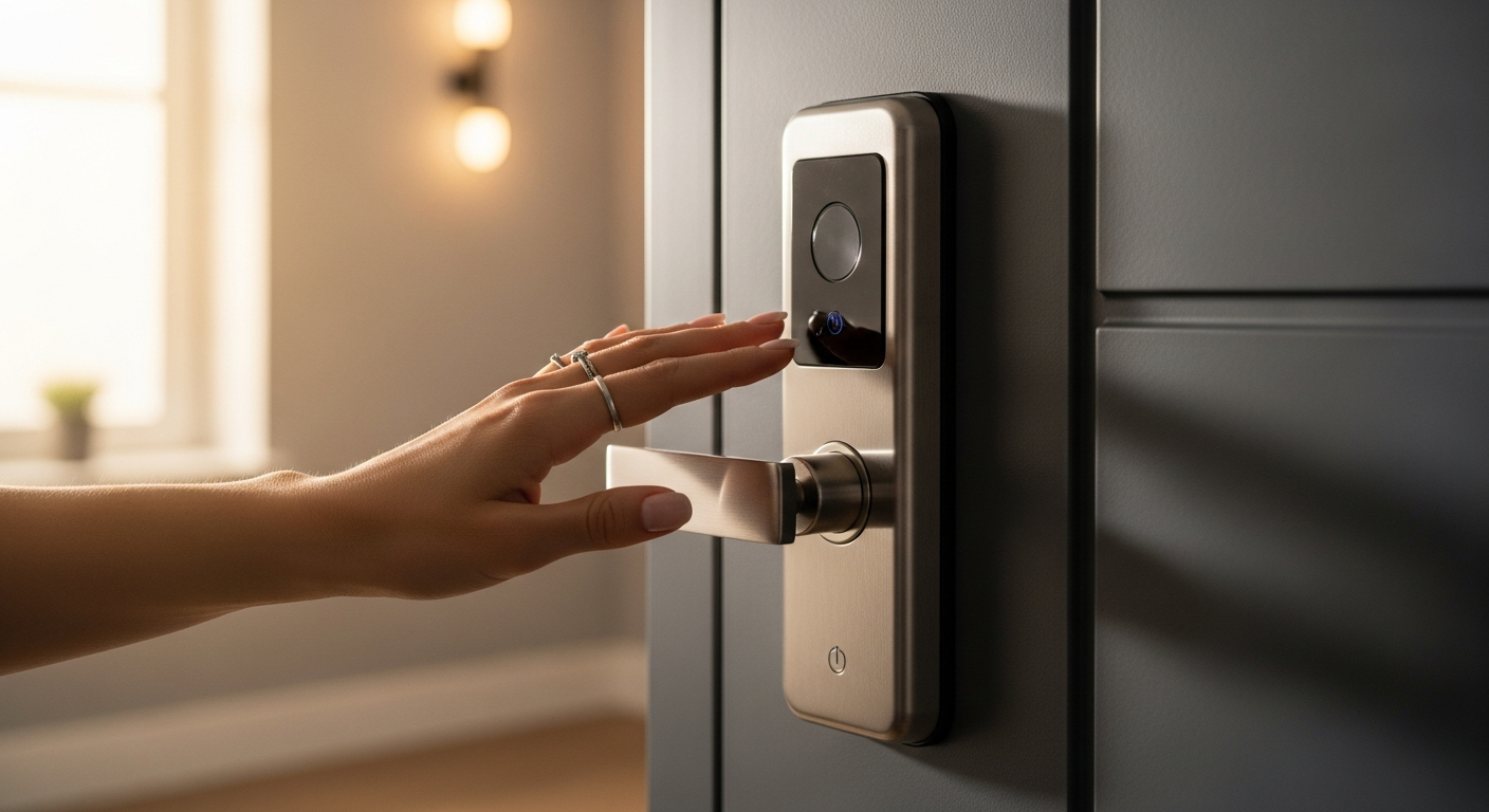 Lockin Veno Pro Smart Lock with biometric palm vein recognition on modern apartment building entrance