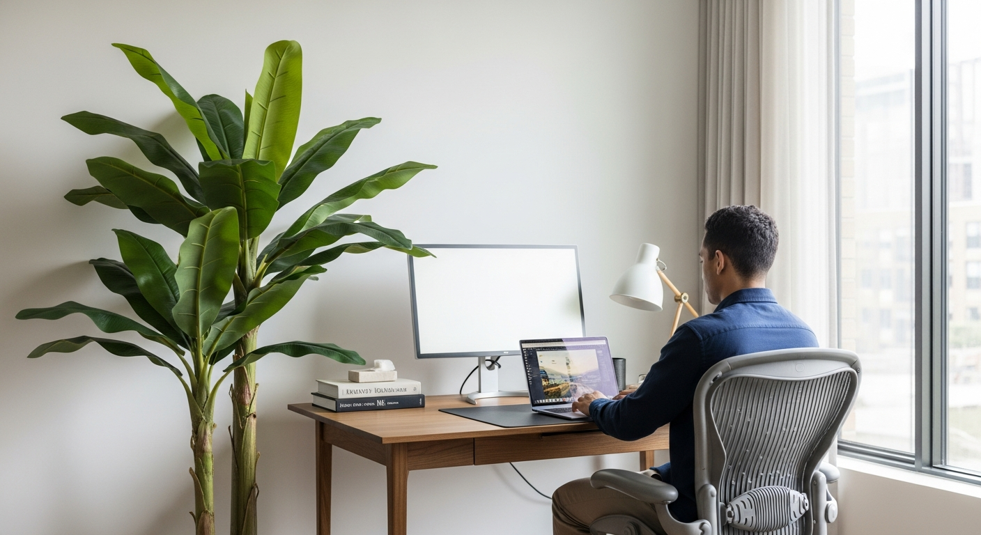 Lifelike artificial banana tree with realistic leaves and natural wood trunk in modern office