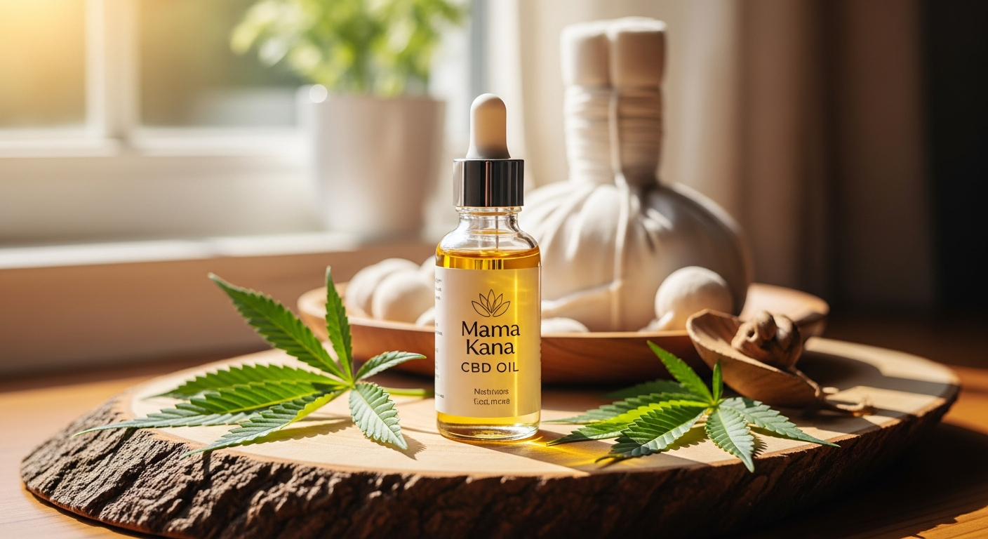 Mama Kana 10% Organic Full Spectrum CBD Oil bottle with hemp leaves and dropper