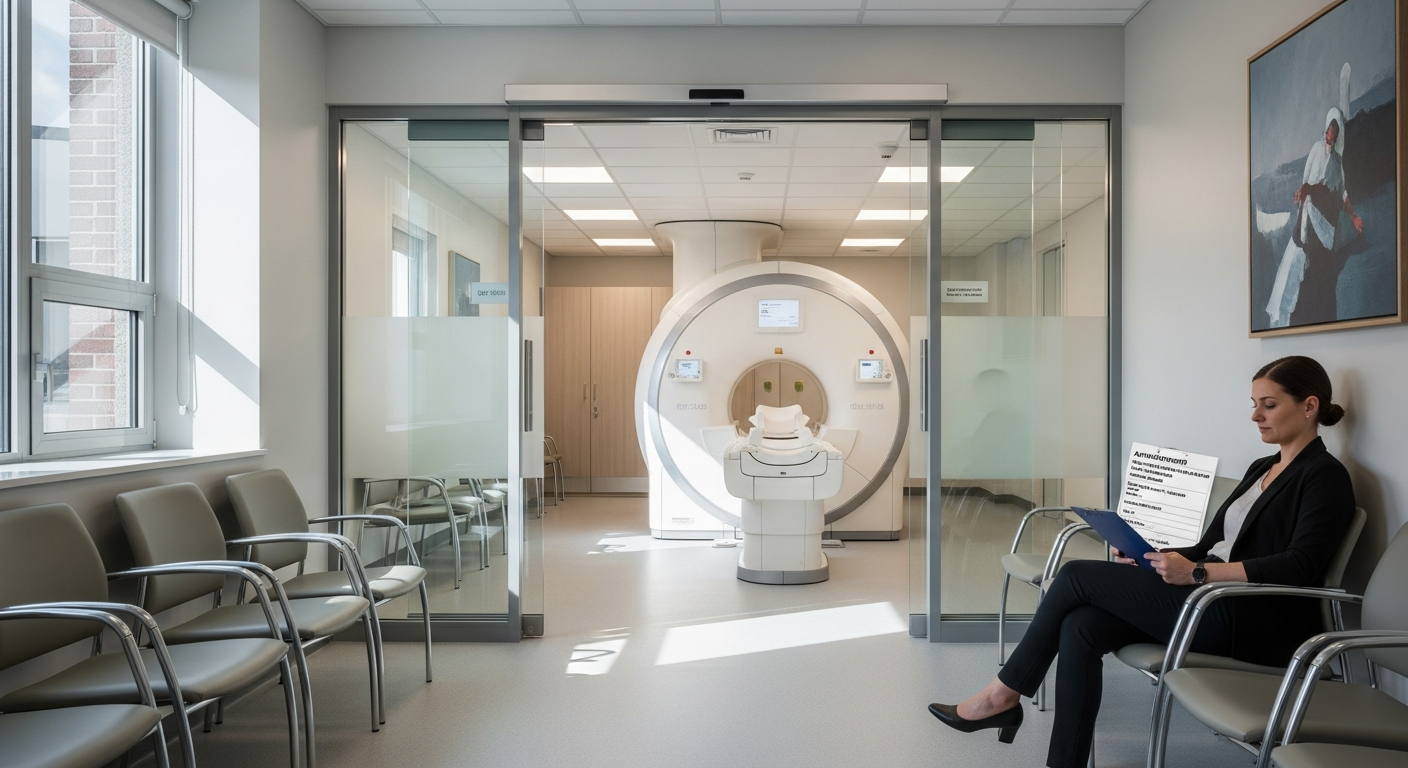 Medical professional performing MRI diagnostic scan on patient in modern radiological center