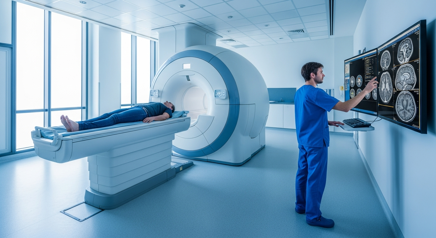 Modern MRI machine in a bright diagnostic imaging clinic with qualified radiologist operating advanced resonance technology
