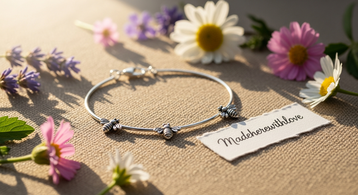 Handmade sterling silver bee charm bracelet with stretch beads on wrist