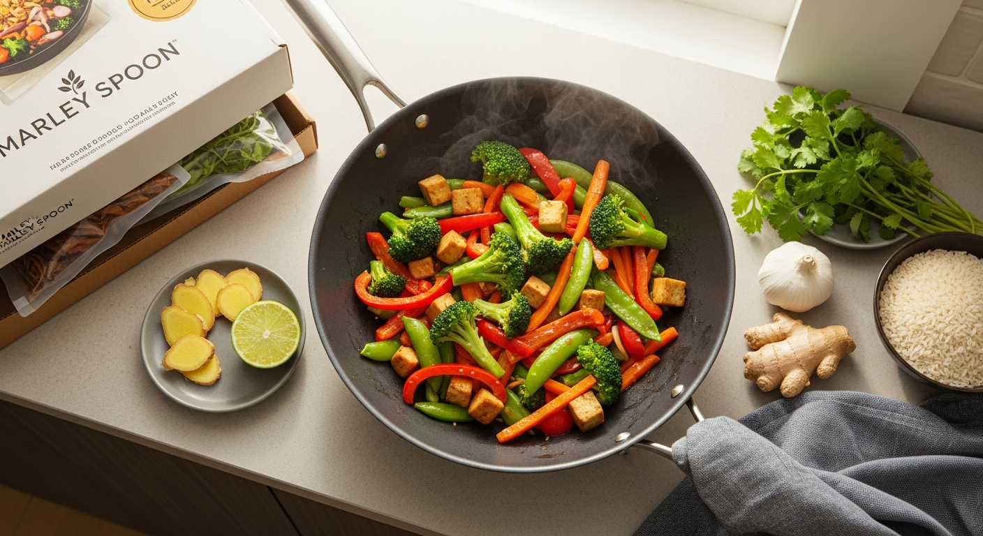 Marley Spoon Stellar Stir-Fry meal kit with beef, cashews, and kecap manis glaze