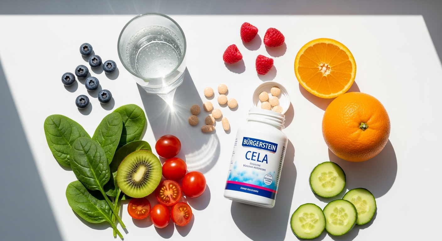 Burgerstein Multivitamin-Mineral CELA Tabletten bottle displayed with fresh vegetables and fruits