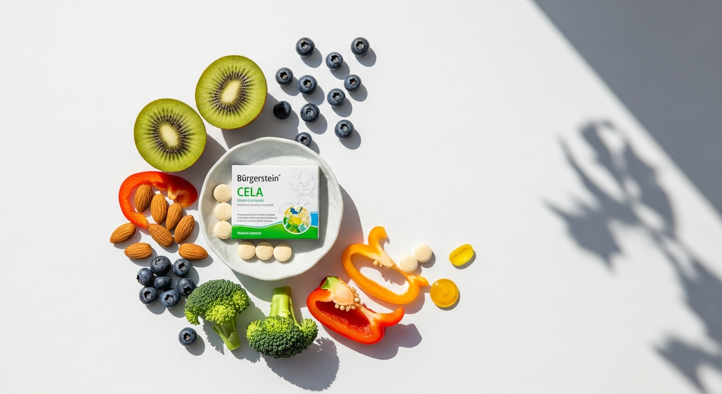 Burgerstein Multivitamin-Mineral CELA Tablets bottle displayed with fresh vegetables and fruits