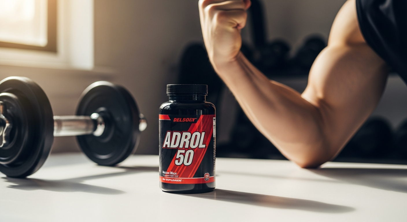 Adrol 50 legal anabolic supplement bottle with capsules for muscle building