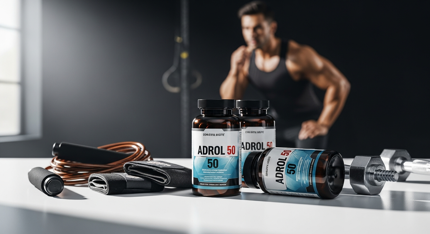 Muscle Research ADROL 50 muscle builder supplement bottle with natural ingredients displayed