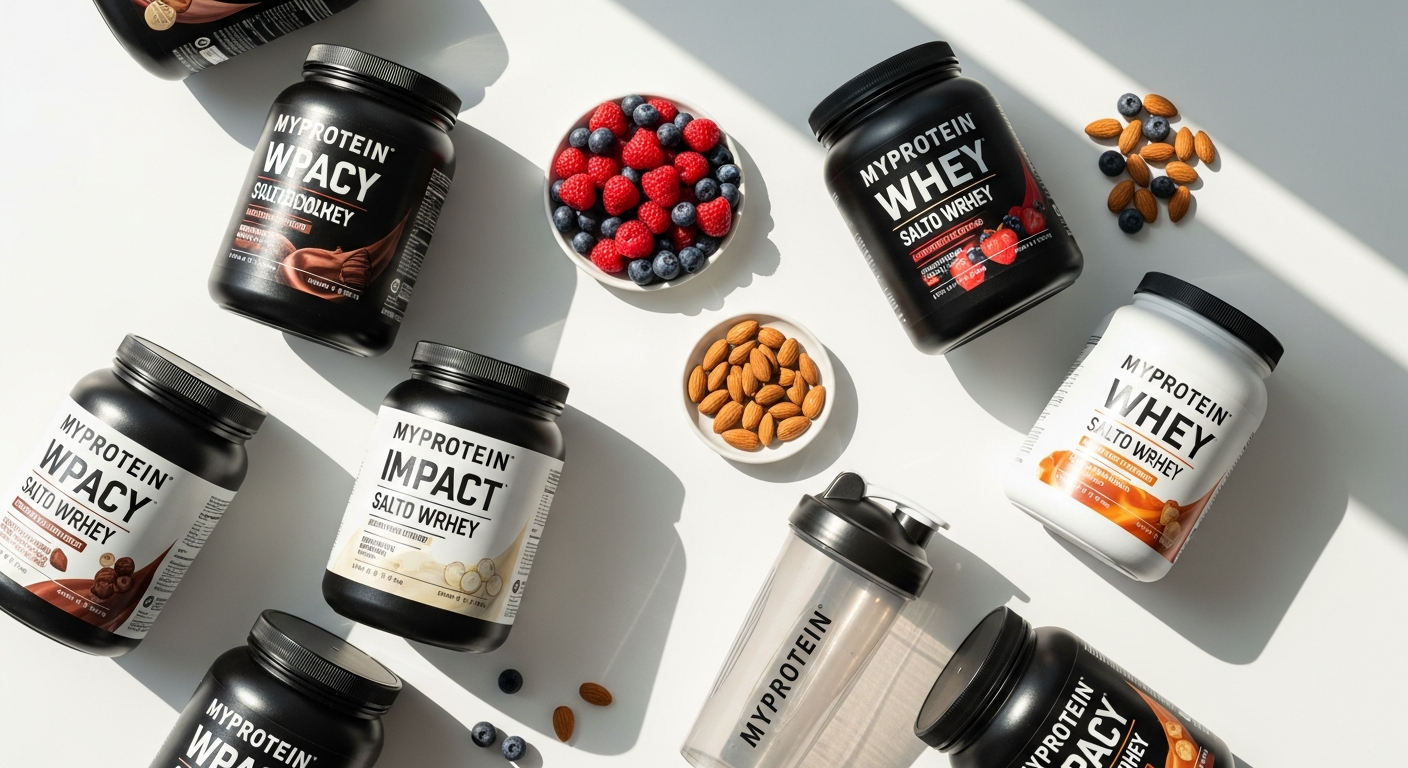Myprotein Impact Whey Protein powder containers displaying multiple flavor varieties and nutrition information