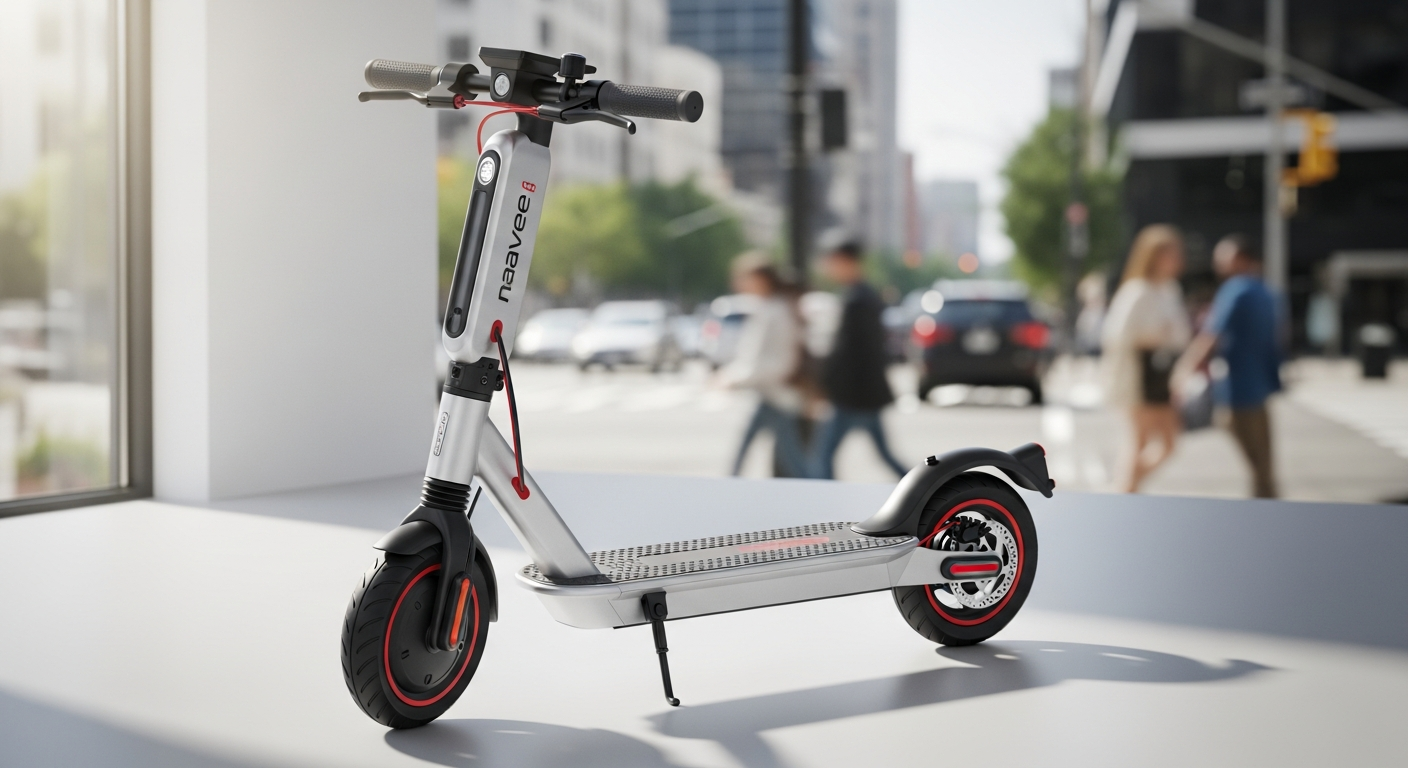 Navee ST3 Pro electric scooter displayed on urban street with suspension system visible