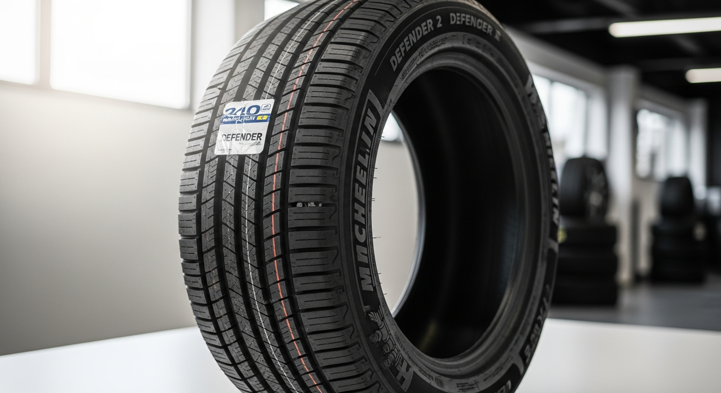 Michelin Defender 2 all-season tire close-up showing tread pattern and sidewall design