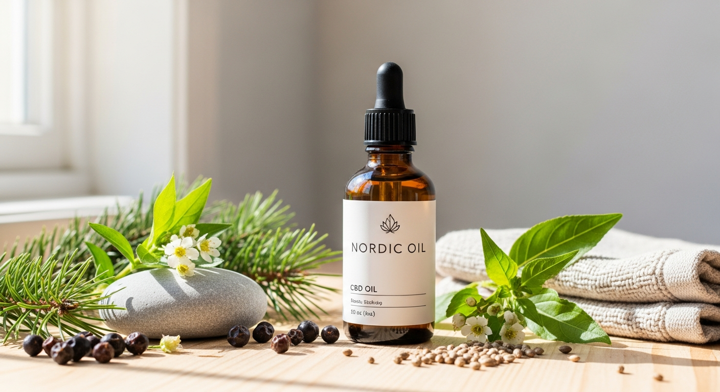 Nordic Oil 10% Full Spectrum CBD Oil bottle with hemp leaves and laboratory testing equipment