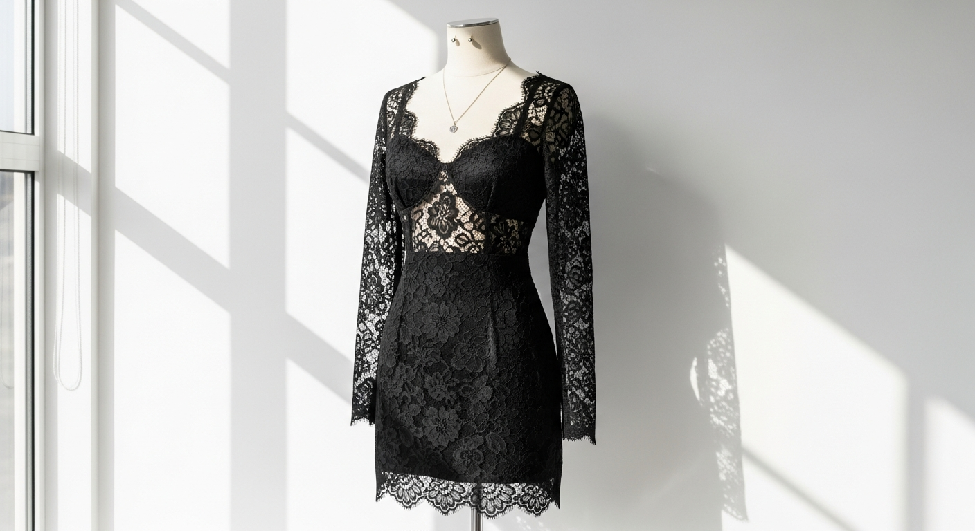 Black lace cut out mini dress on model showcasing contemporary design