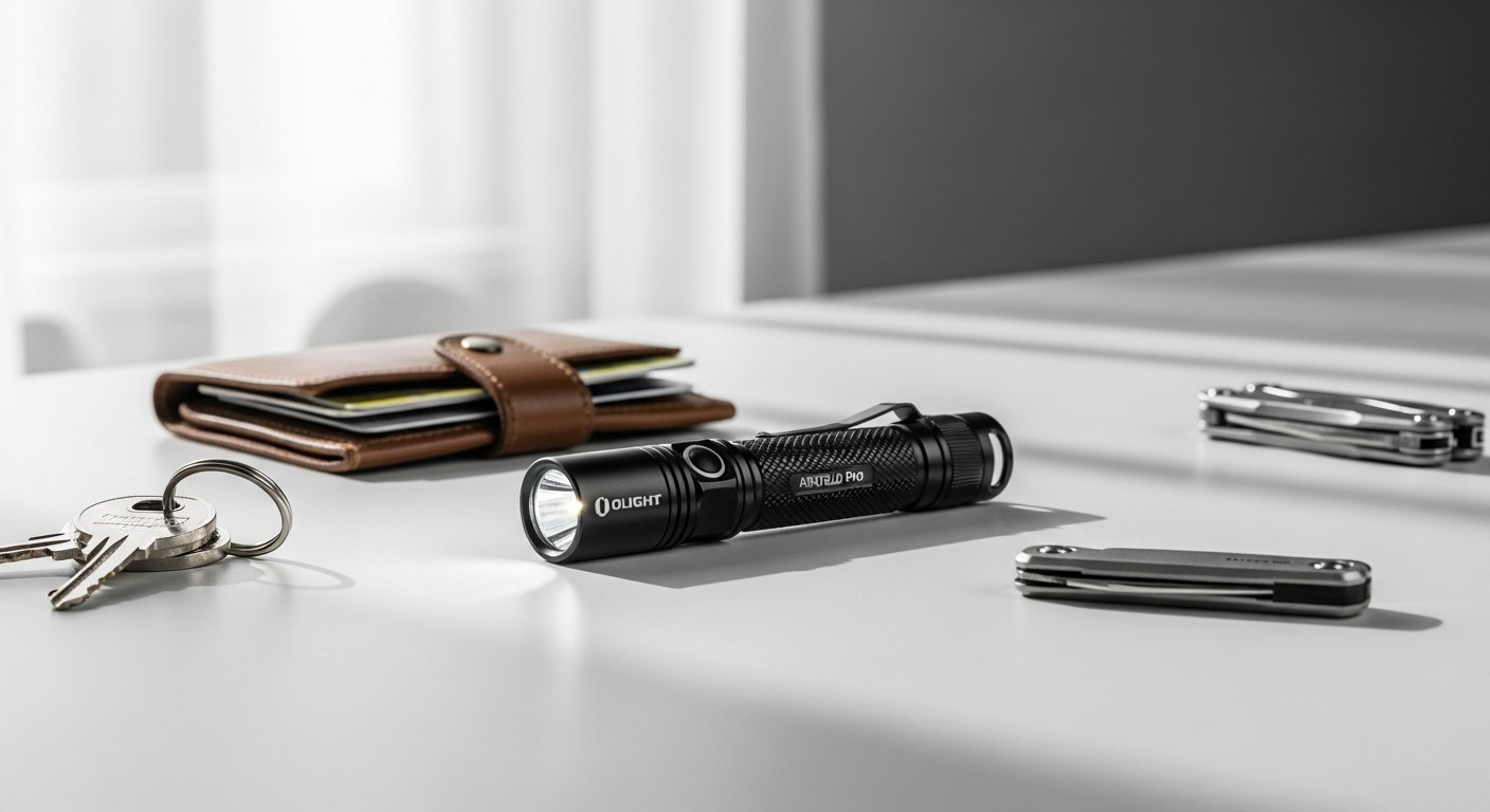 Olight Arkfeld Pro flat EDC flashlight with quad-light system displayed on dark surface