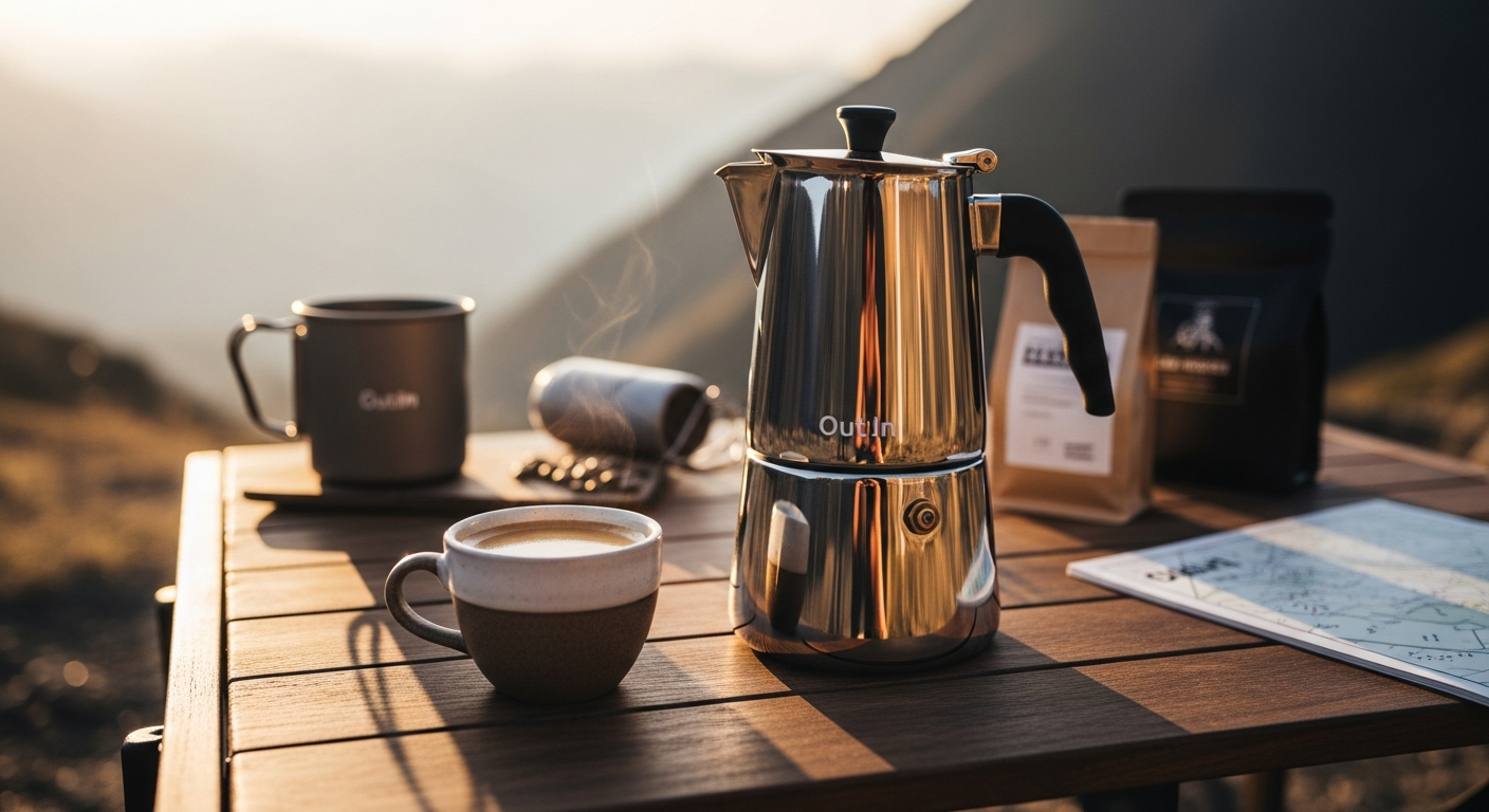OutIn Mino portable espresso maker displaying 22-bar pressure system and battery charging capability