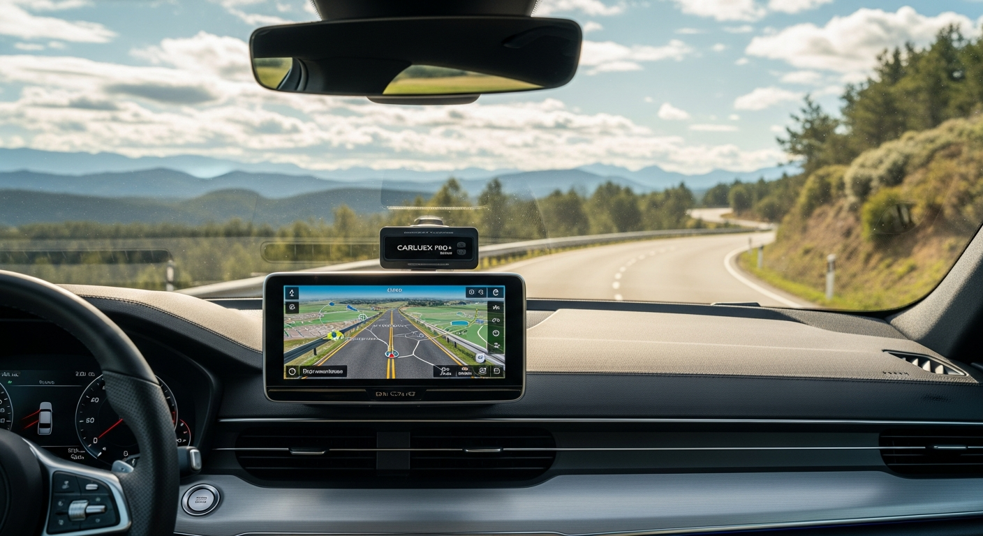 CARLUEX PRO+ 2.0 CarPlay AI Box mounted in car dashboard displaying 4K streaming content