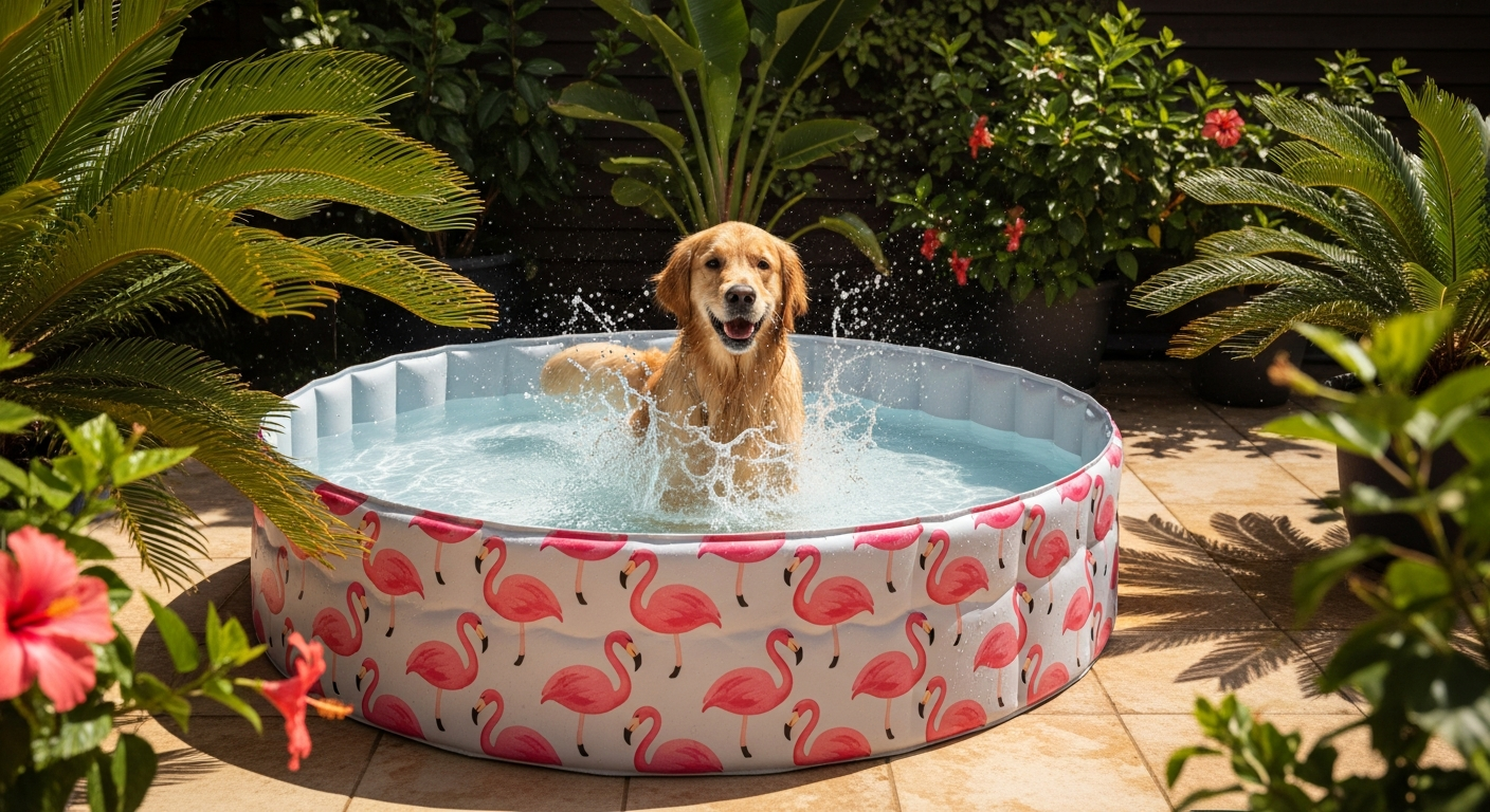 Flamingo Splatter Foldable Dog Pool 120cm with water and large dog playing inside