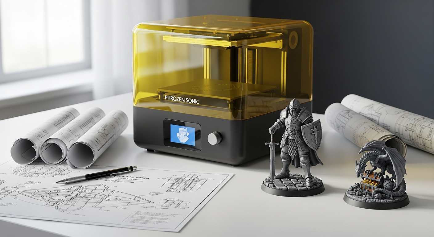 Phrozen Sonic Mini 8K S resin 3D printer displaying high-resolution jewelry and miniature printing capabilities