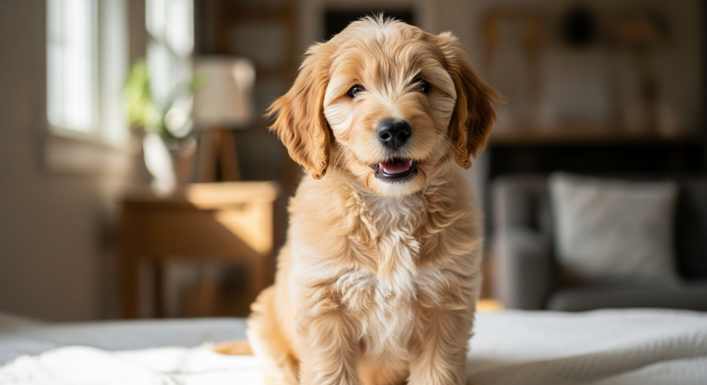 Adorable Goldendoodle puppy sitting outdoors in grass
