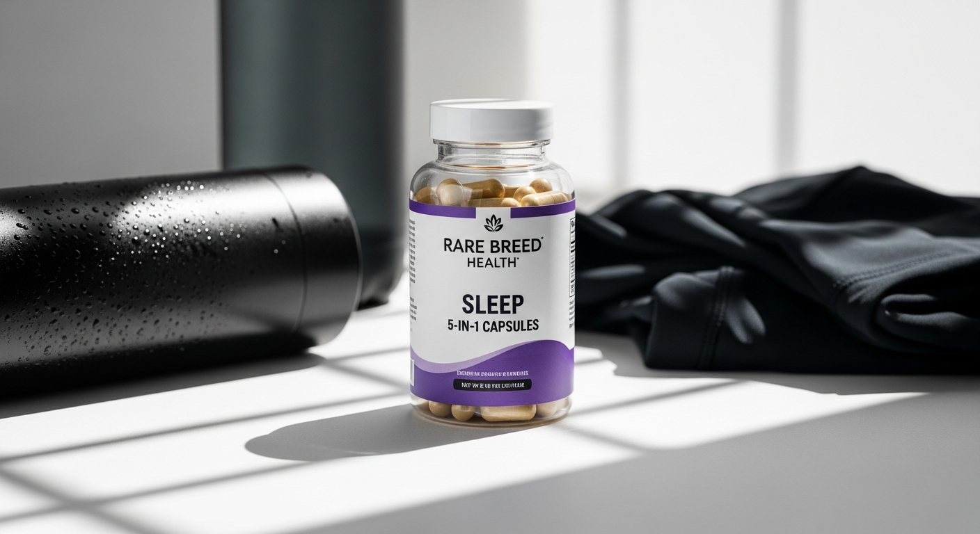 Rare Sleep 5-IN-1 Capsules supplement bottle with natural ingredients displayed