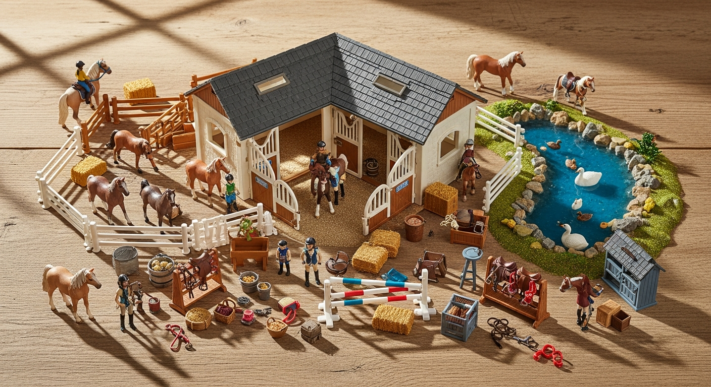 Schleich Horse Club Lakeside Stable Playset with horses, figures, and accessories displayed