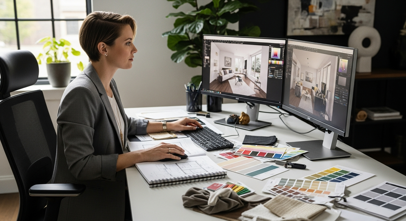 Professional interior architect working on 3D design software and floor plans