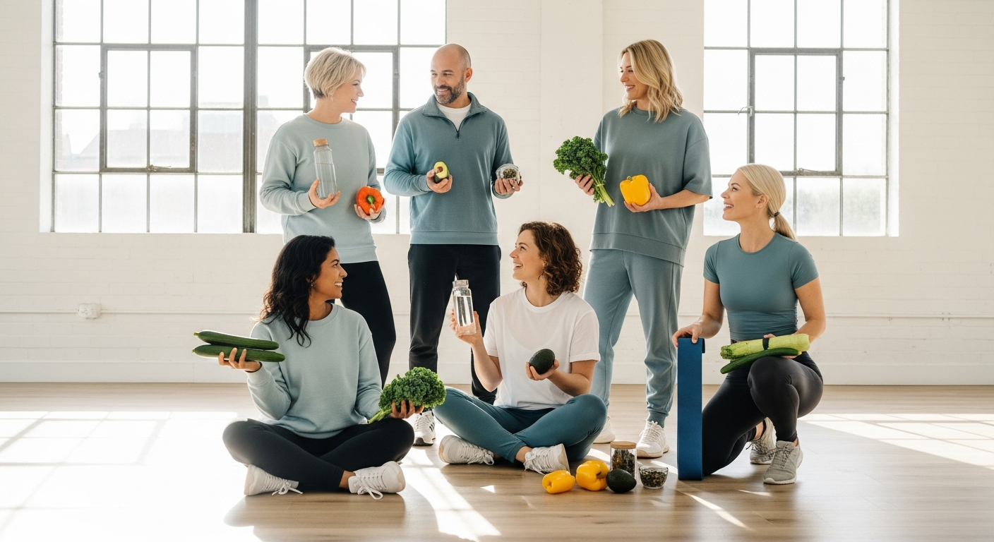 Professional coach conducting wellness and nutrition training session with diverse clients in modern online learning environment