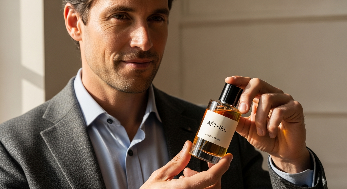 Confident man wearing citrus musk pheromone perfume cologne