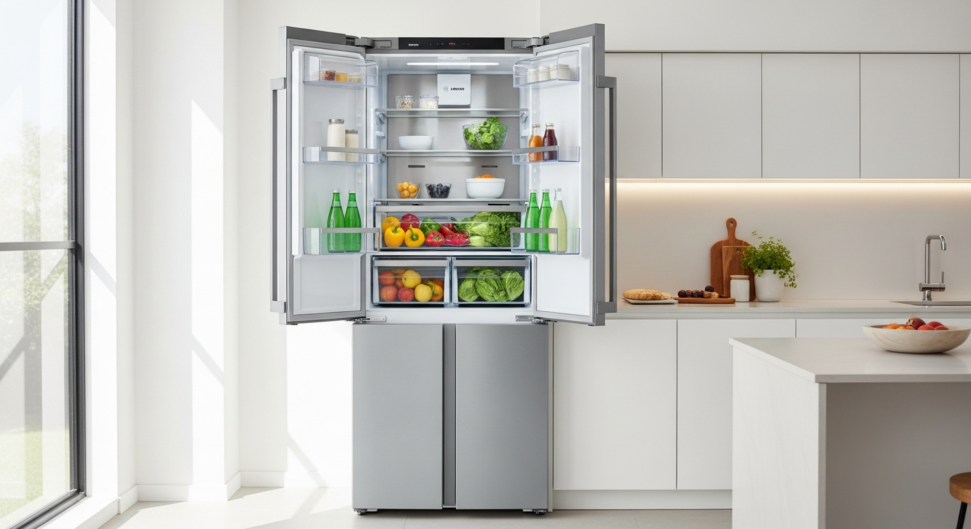 Bosch 800 Series French Door Refrigerator with stainless steel finish in modern kitchen