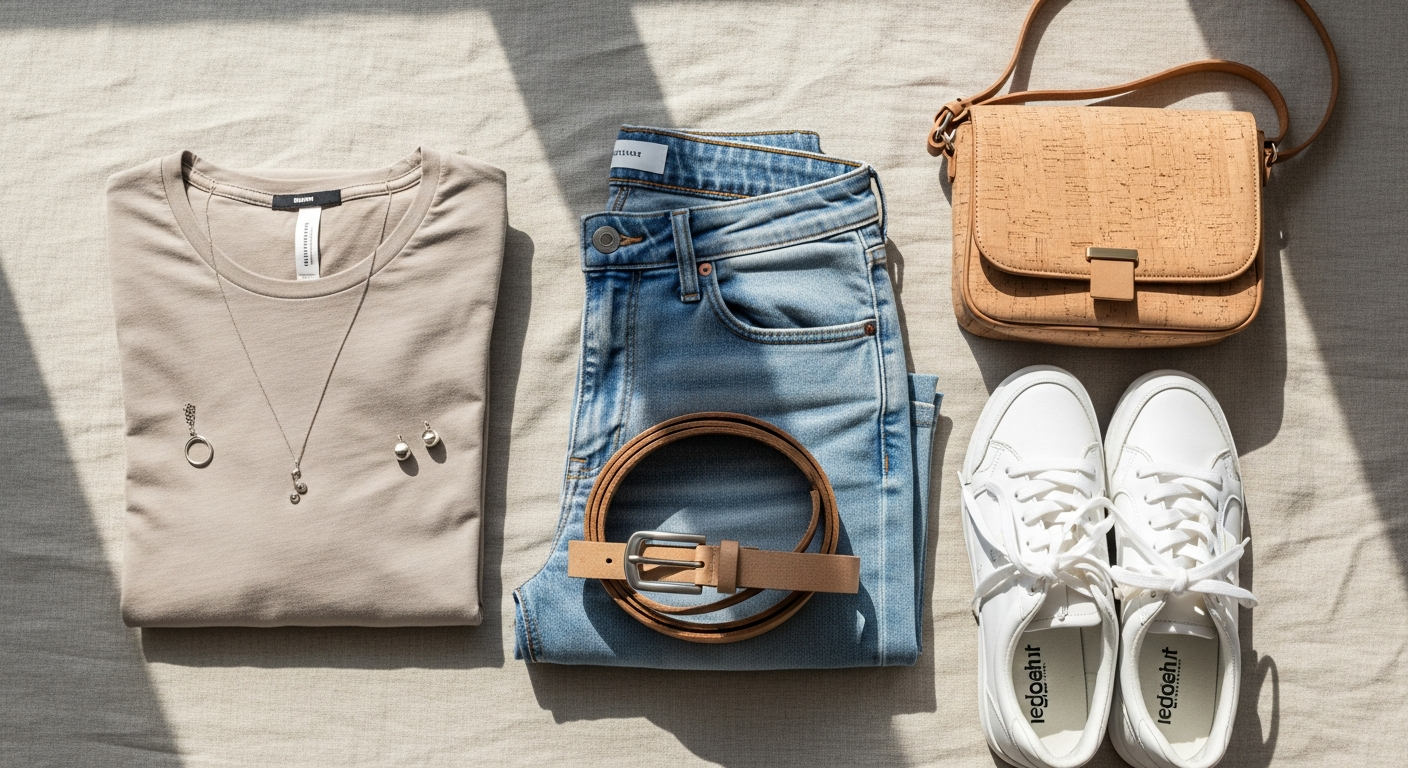 Sustainable vegan fashion essentials displayed on neutral background