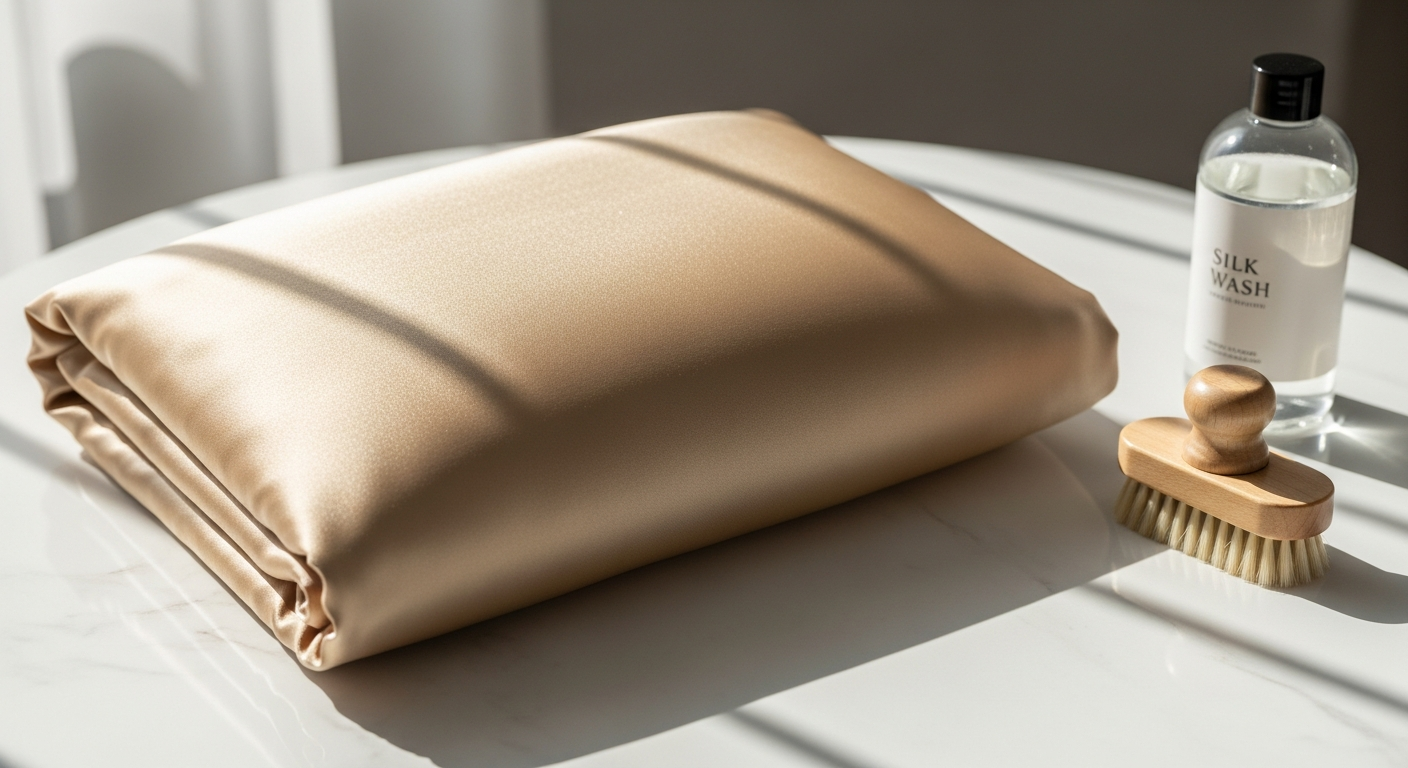 Silksilky 100% Mulberry Silk Pillowcase in champagne color displayed on a bed