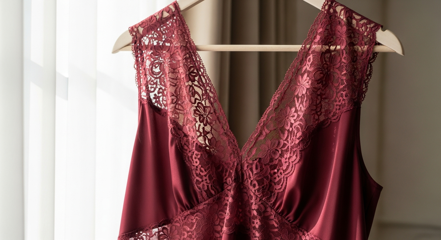 Elegant mulberry silk v-neck lace nightgown displayed on white background