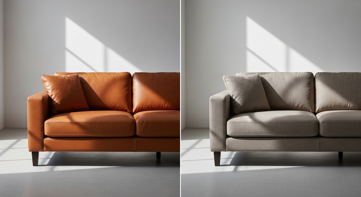 Simpli Home Livingston 90-inch sofa in caramel leather and mist grey fabric upholstery options