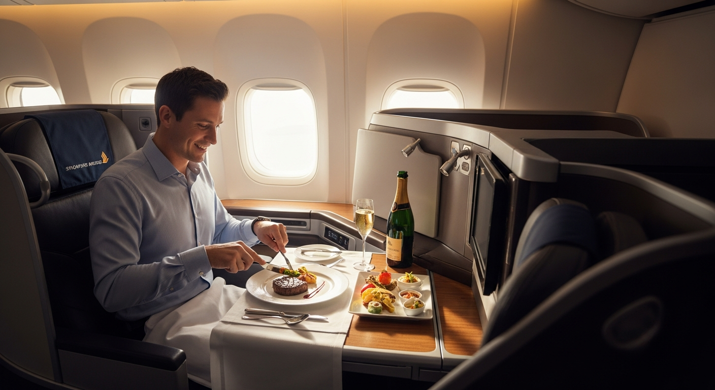 Singapore Airlines Business Class cabin with fully-flat bed seat and premium amenities