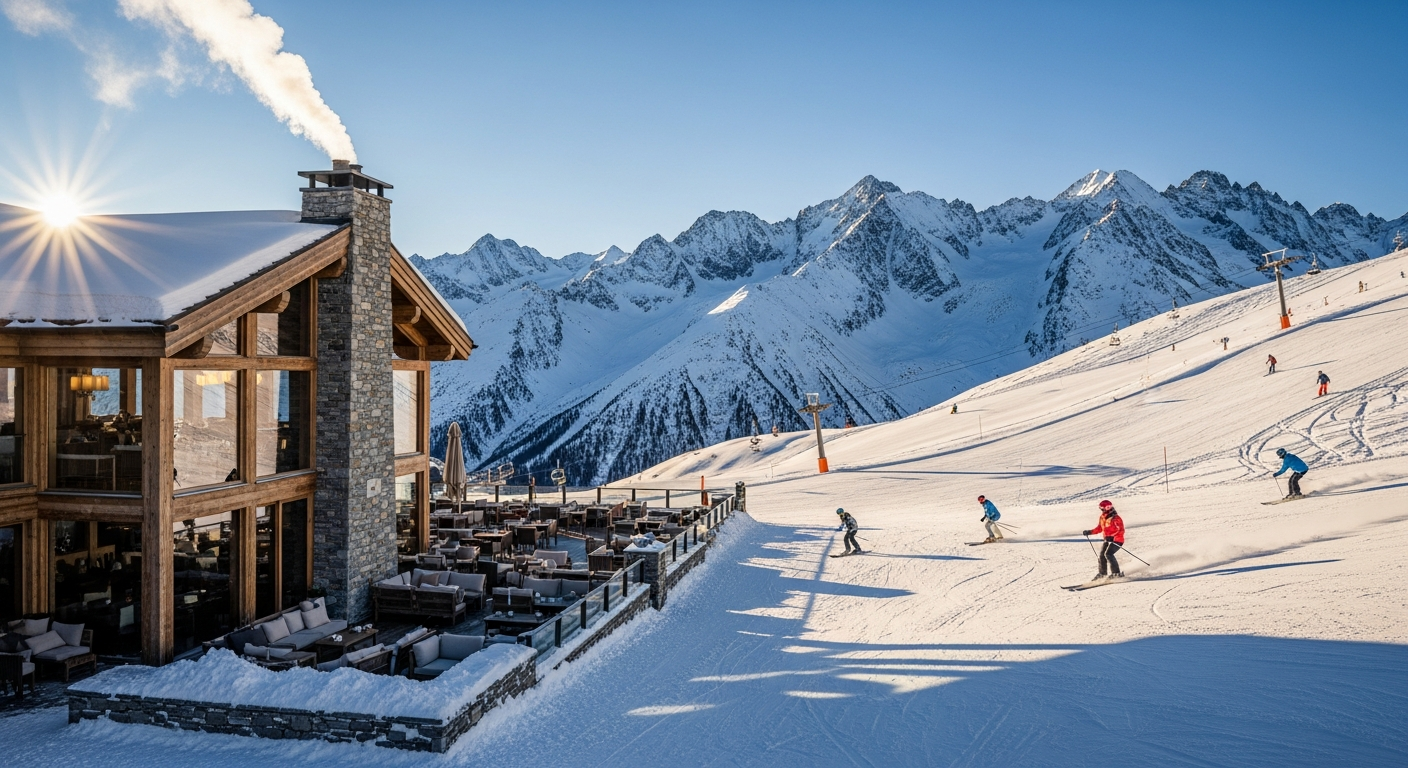 Snow-covered French Alpine mountains with ski resort lodges and ski slopes in winter