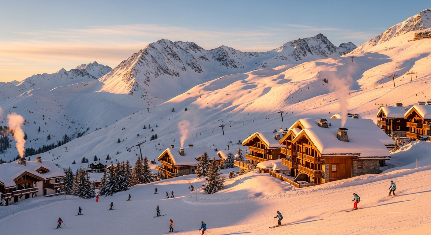 Snowy Val Thorens ski resort with families skiing on interconnected Alpine slopes