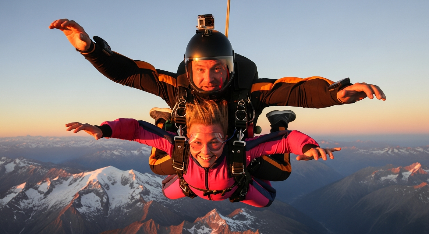 Tandem skydiving instructor and student in freefall over French landscape
