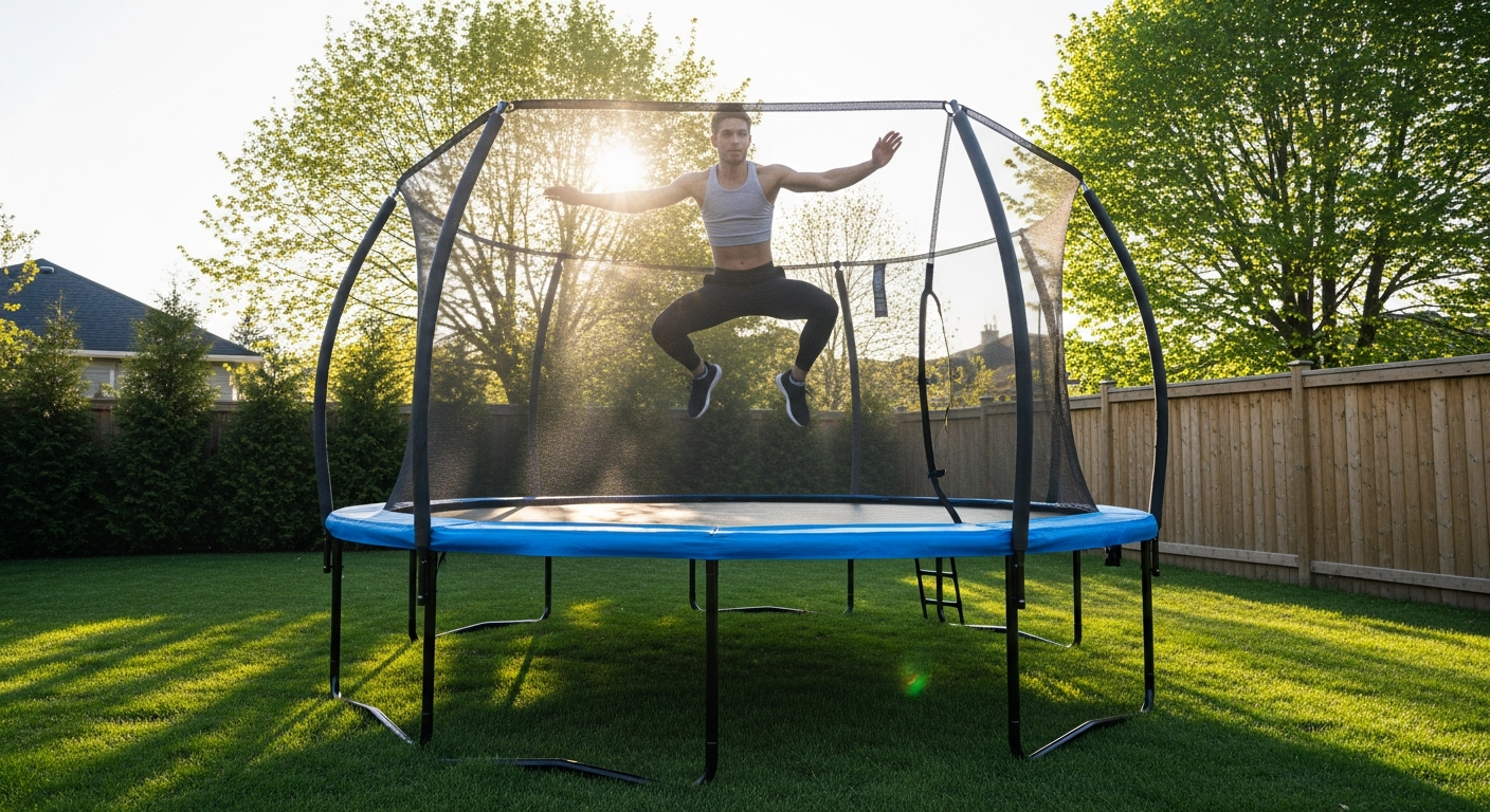 Durable round trampoline with galvanized steel frame and UV-resistant netting in backyard